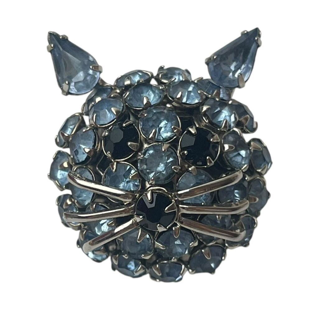 Vintage 1960s Light Blue Rhinestone Kitty Cat Head Brooch Pin Unsigned Warner 1"